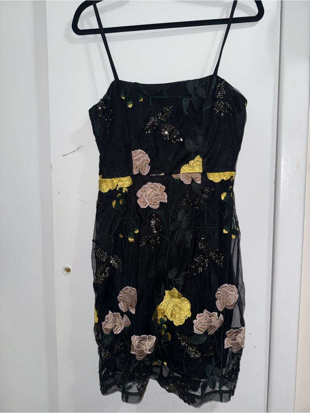 Lulu's Black Mini Dress with Yellow & Blush Floral Embroidery